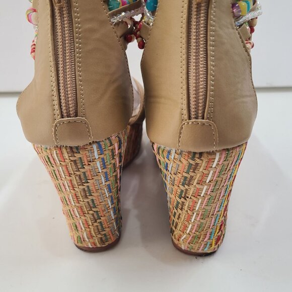 Get More Beauty Women's Platform Wedge Sandals Tan Size 7.5 Open Toe Beads Zip - Picture 6 of 12